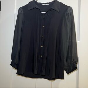 Perception Concept Chic Black Blouse with Buttoned Down Size Small Pleats Puff
